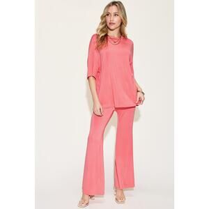 BASIC BAE Plus Coral Two Piece Bamboo Drop Shoulder T-Shirt Flare Pants Set NEW